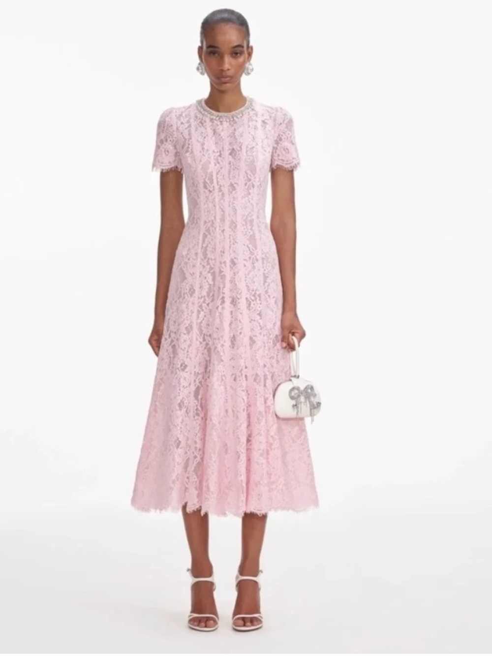Self-Portrait Pink Lace Maxi Dress with Embellished Necklace